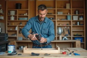 Homme d'âge moyen assemble un meuble en bois dans un atelier moderne