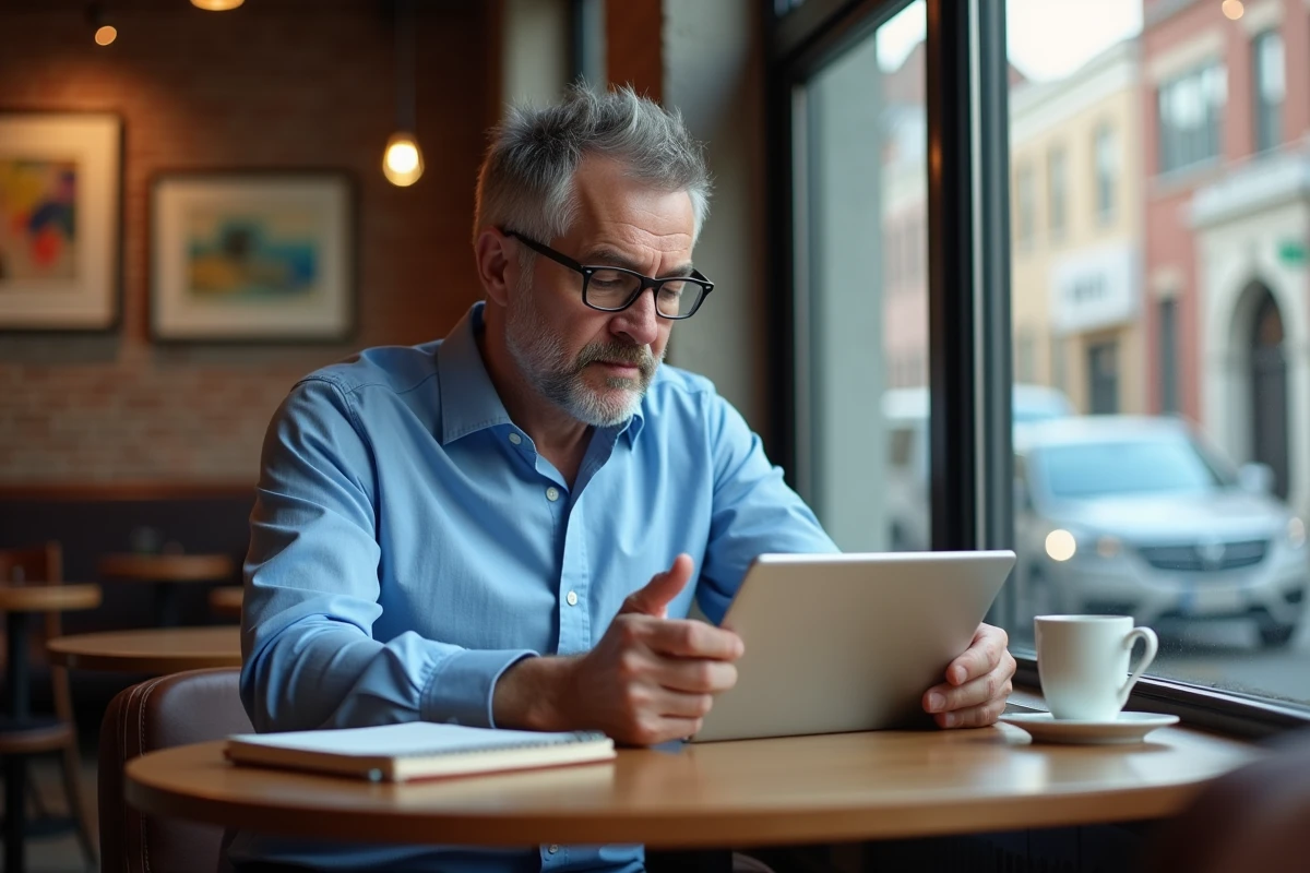 Homme d age moyen au café avec tablette et café