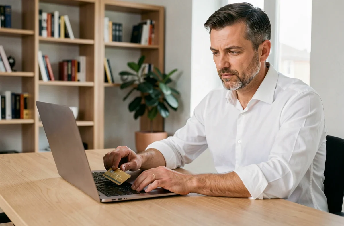 Homme utilisant une carte Gold Crédit Agricole à son bureau à domicile pour gérer ses finances et assurances en ligne