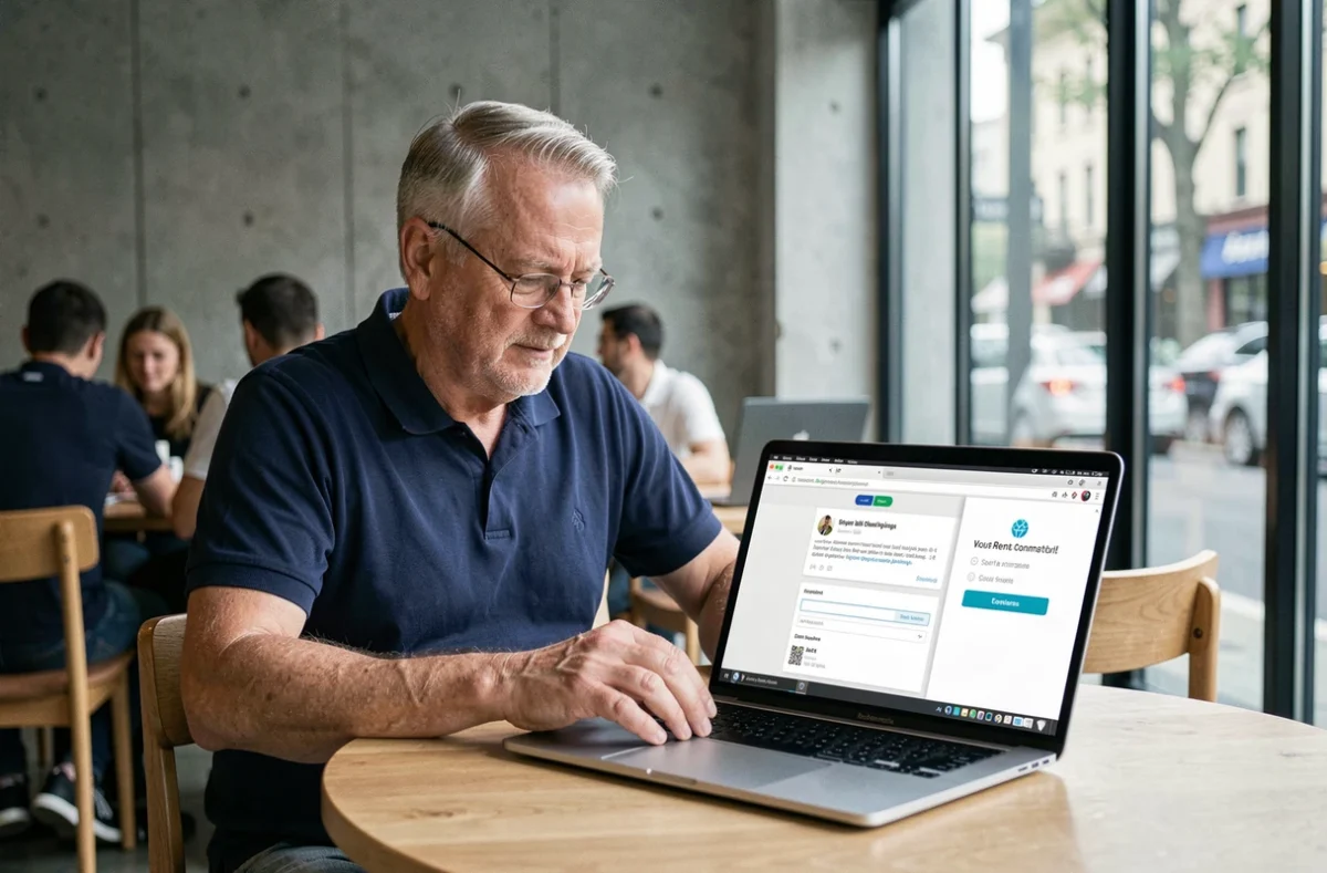 Homme comparant AOL Mail et Gmail sur un laptop dans un café moderne
