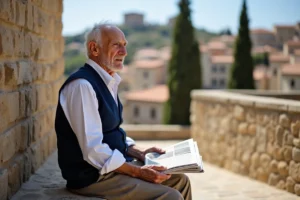 Homme corsicain âgé assis devant une vieille église