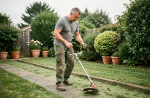 Homme utilisant un coupe-bordure thermique le long d'une allée de jardin bien entretenue