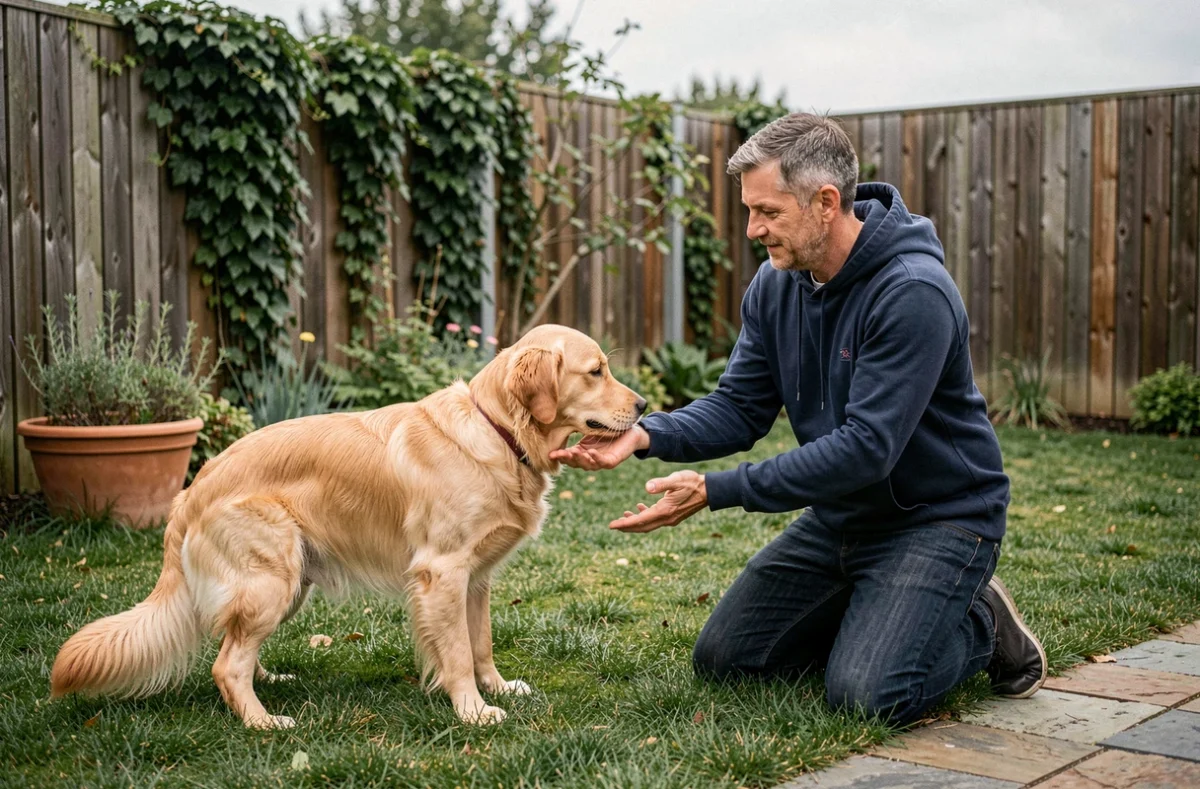 Homme accroupi dans un jardin tendant la main à un golden retriever, symbolisant la création d'un lien de confiance avec son animal de compagnie
