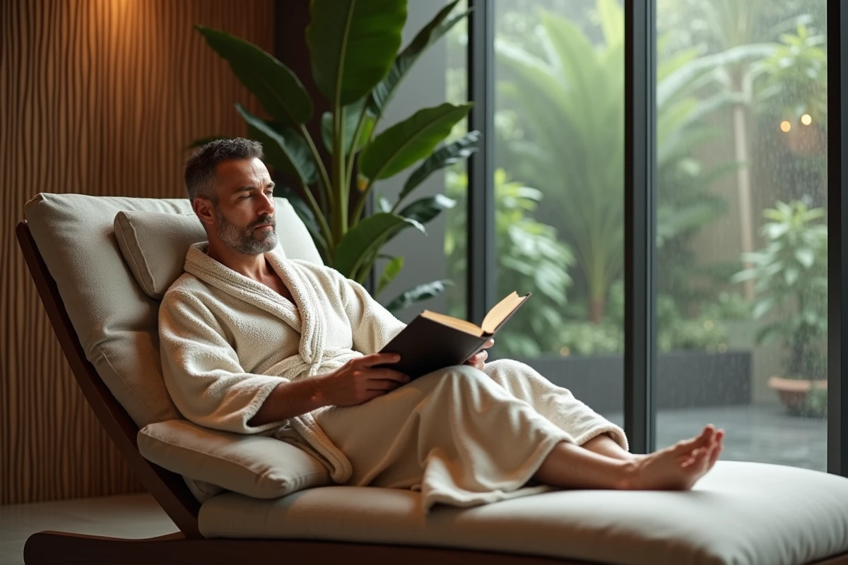 Homme en peignoir lisant dans un spa moderne