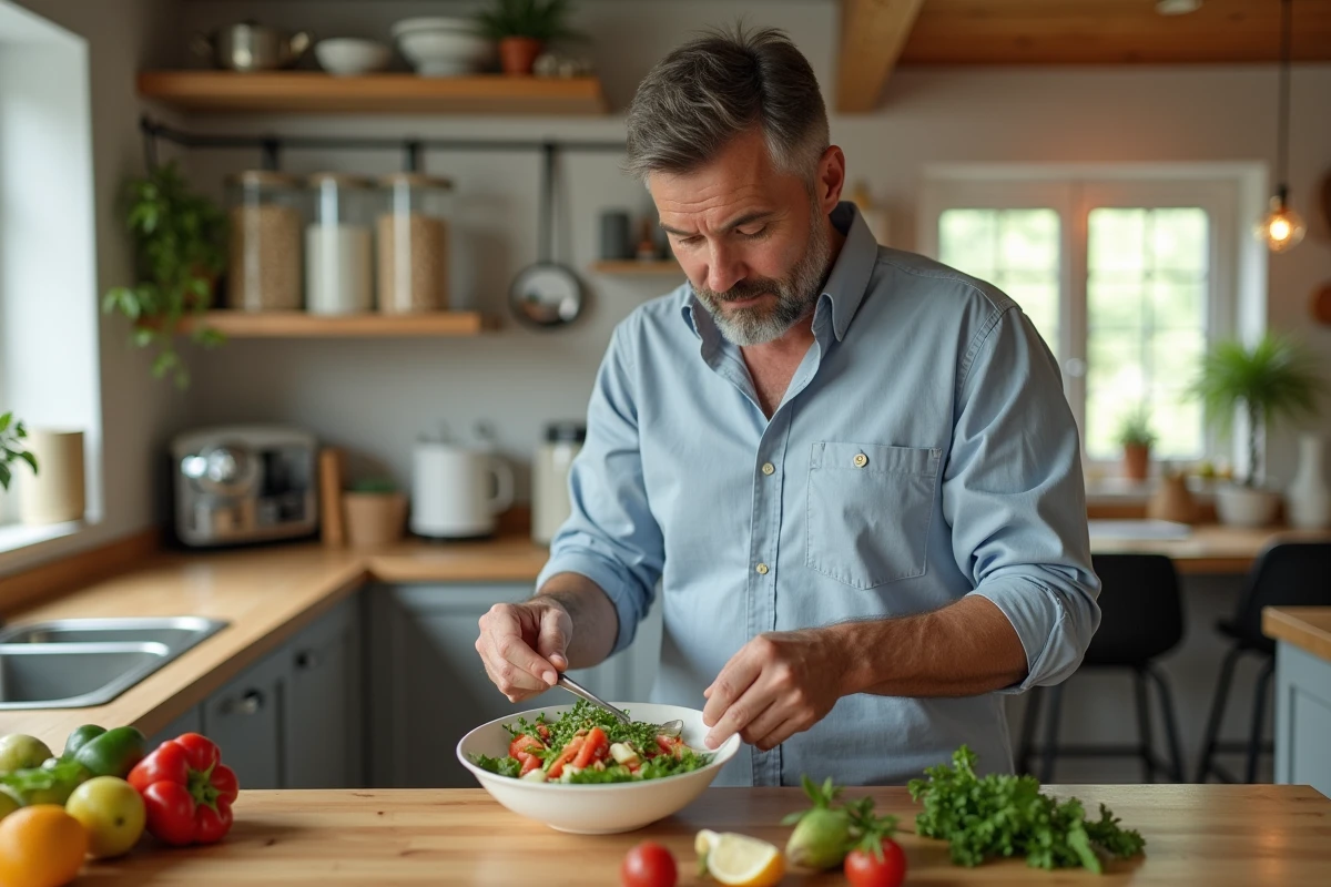 Homme en cuisine préparant une salade fraîche et colorée