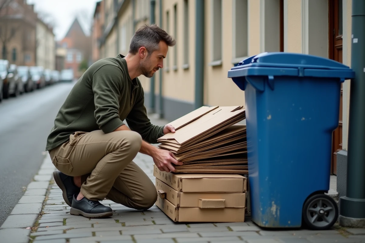 Homme qui dépose des cartons Ikea démontés dans un bac de recyclage sur un trottoir urbain