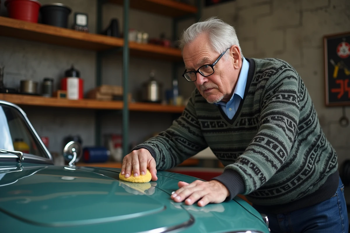 Homme âgé polissant une voiture classique dans son garage organisé