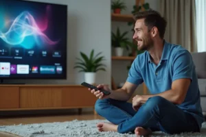 Homme regardant sa smart TV LG dans un salon moderne