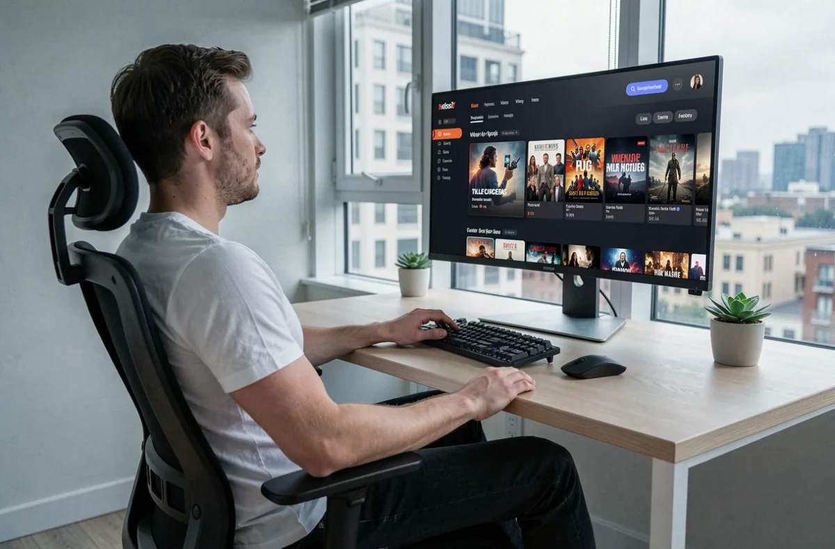 Homme naviguant sur un site de streaming en ligne depuis son bureau à domicile avec un grand écran