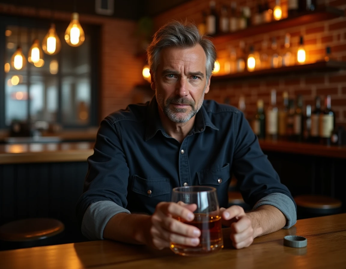 Homme tenant un verre de whisky dans un bar illustrant la consommation d'alcool et ses effets biologiques