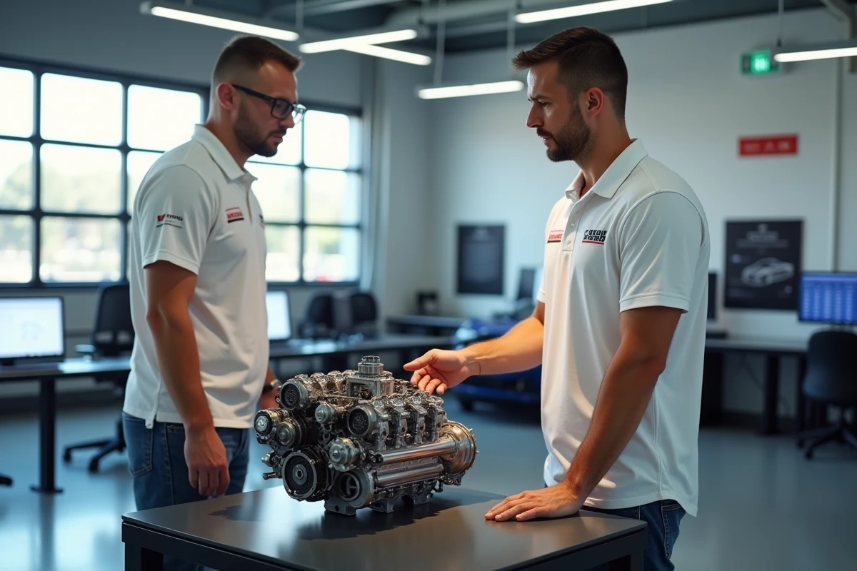 Ingénieur motorsport analysant un moteur forgé haute performance sur un banc de test dynamométrique