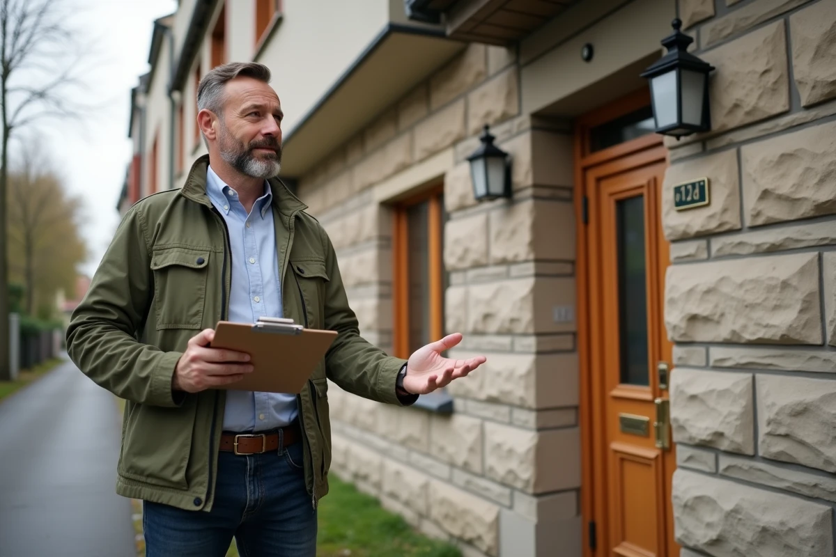 Homme inspectant un immeuble résidentiel rénové lors d'une évaluation d'investissement immobilier
