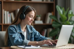 Jeune femme en denim et casque au bureau cosy