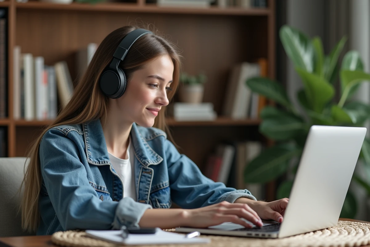Jeune femme en denim et casque au bureau cosy
