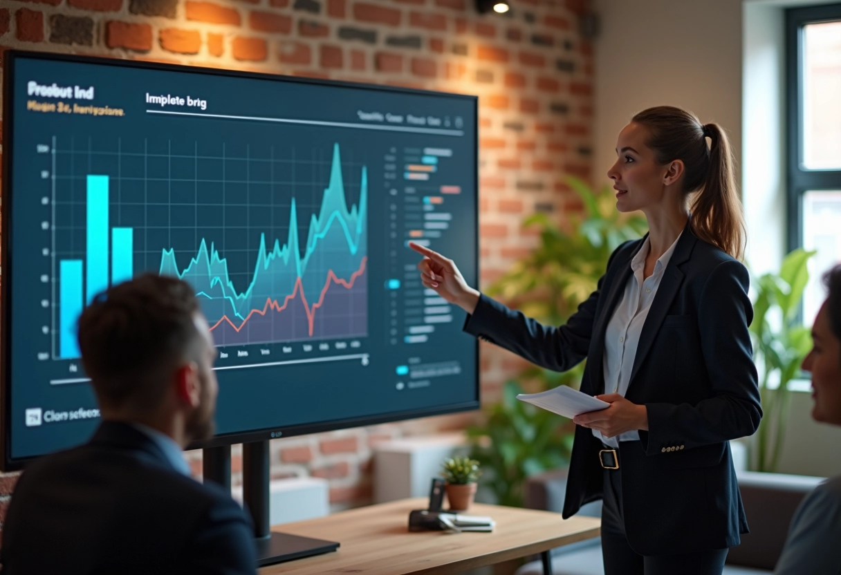 Jeune femme en coworking présentant des graphiques de croissance