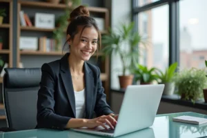 Femme professionnelle souriante travaillant sur son ordinateur dans un bureau moderne