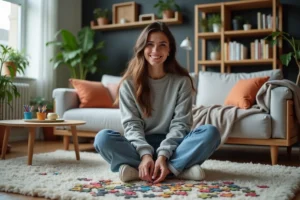 Jeune femme assemble un puzzle coloré dans un salon cosy
