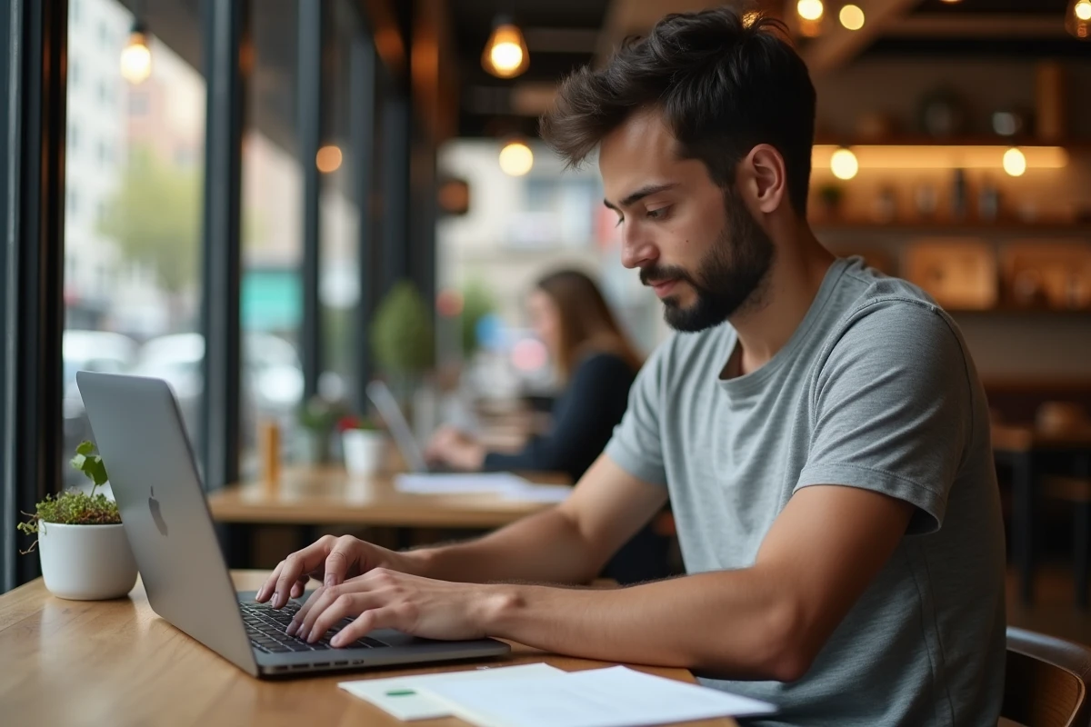 Jeune homme utilisant un ordinateur dans un café avec des échantillons