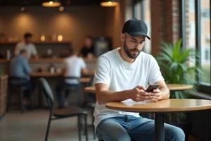 Jeune homme en t-shirt blanc et casquette dans un café moderne