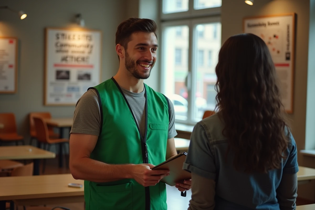 Jeune homme discutant avec un activiste en centre communautaire