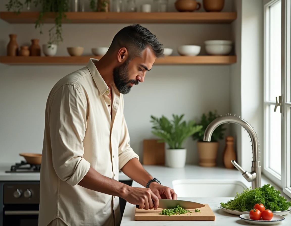 Homme préparant un repas dans une cuisine moderne et lumineuse, évoquant la vie quotidienne et l'intimité familiale d'un journaliste célèbre