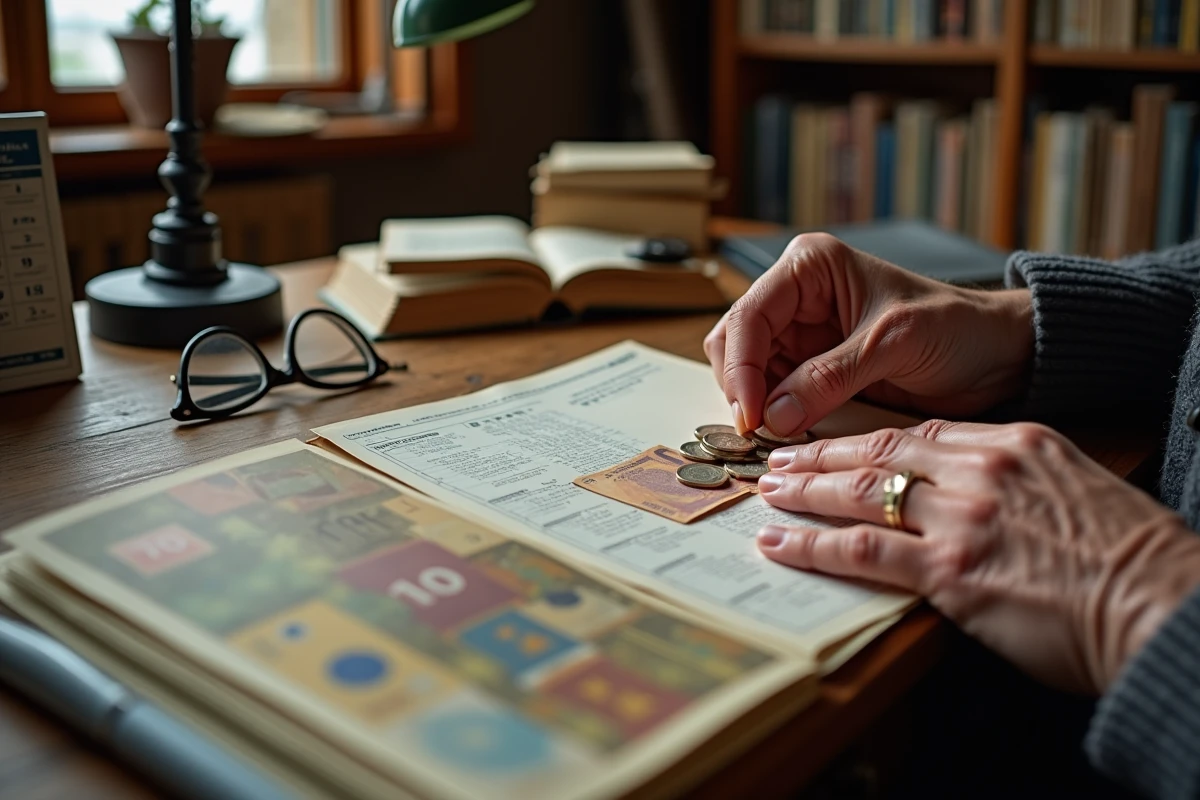 Mains de personne âgée comptant des euros et feuilletant un livret d'épargne sur un bureau en bois pour illustrer le calcul de l'ASPA selon les économies