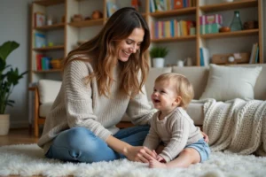 Jeune mère jouant avec son tout-petit dans un salon chaleureux