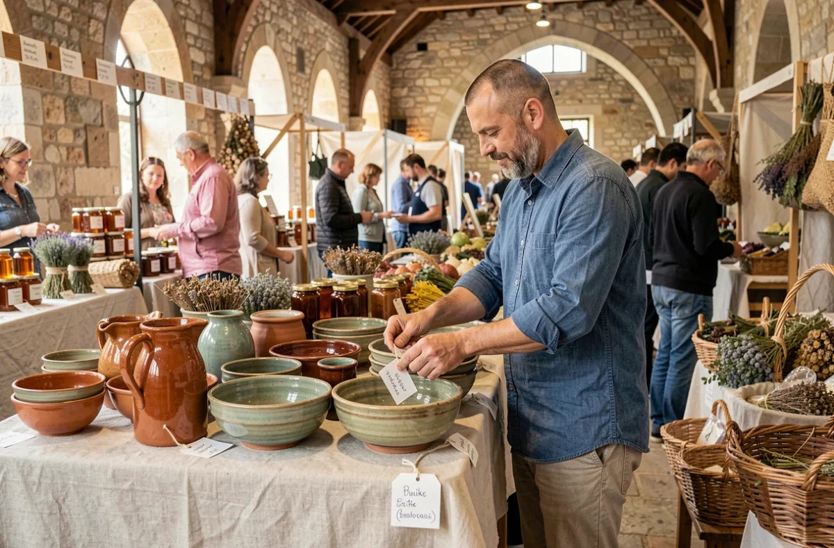 Artisan présentant des céramiques artisanales sur un marché local du Pays du Bellegardois