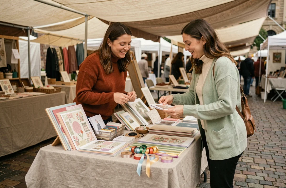 Deux femmes découvrant des fournitures de scrapbooking et broderie sur un stand de marché créatif en plein air