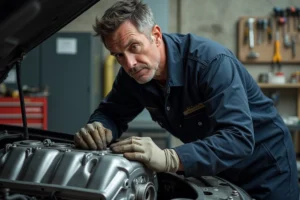 Mécanicien professionnel inspectant un bloc moteur forgé en aluminium dans un atelier automobile industriel