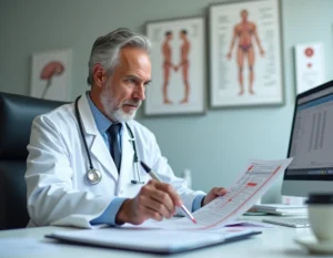 Médecin analysant un bilan sanguin avec volume globulaire moyen en cabinet médical