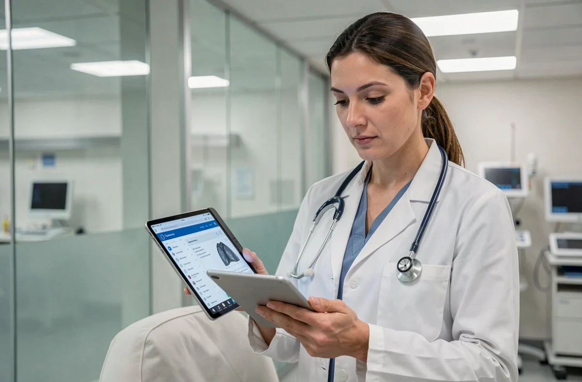 Médecin française consultant des données médicales numériques sur tablette dans un couloir d'hôpital moderne
