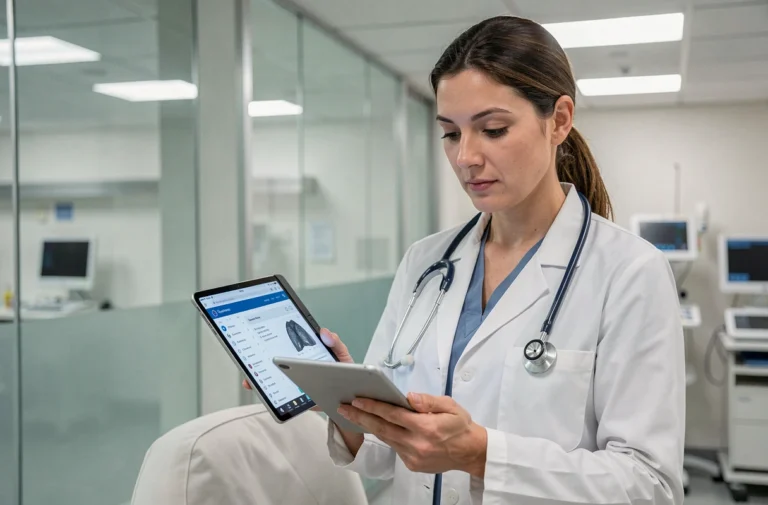 Médecin française consultant des données médicales numériques sur tablette dans un couloir d'hôpital moderne