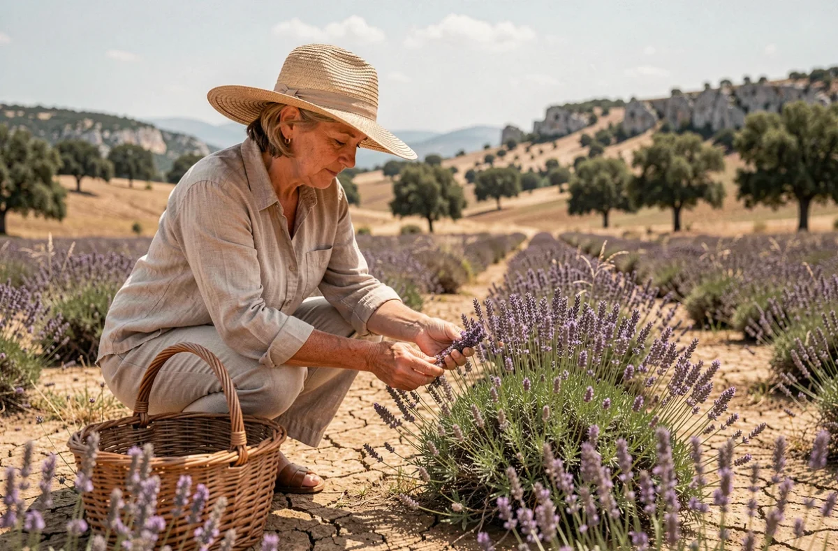 Femme explorant la garrigue et la lavande sauvage dans la campagne du Pays du Bellegardois
