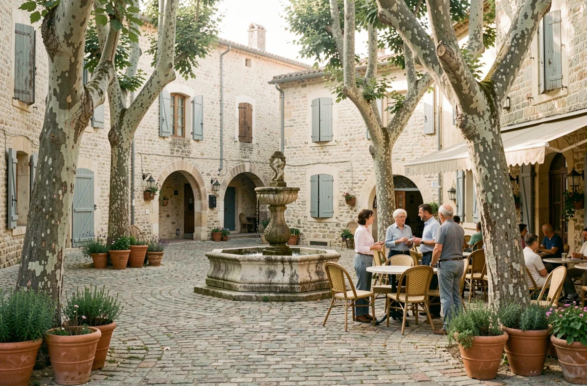Place de village médiéval du Pays du Bellegardois avec fontaine en pierre, platanes et terrasse de café animée