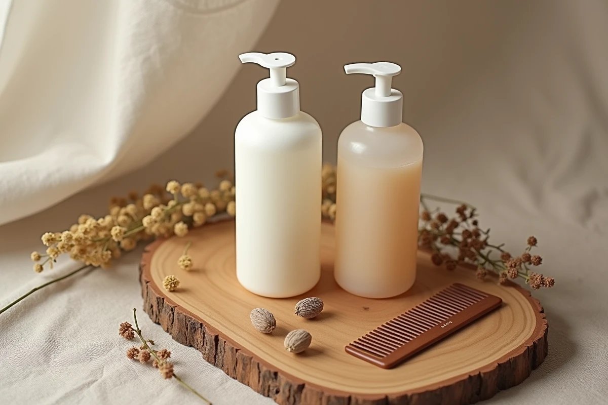 Produits Bio Densyl et Levona Paris posés sur une surface en bois avec des herbes botaniques, avis comparatif