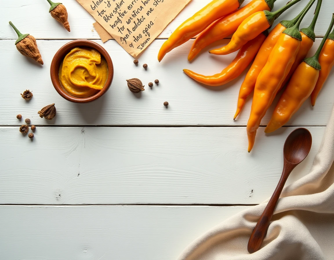 Vue du dessus d'une composition de piments aji amarillo frais, séchés et en pâte sur une surface en bois avec notes de culture
