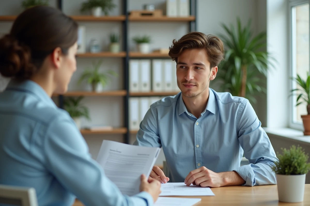 Jeune homme rencontrant un conseiller dans un bureau moderne