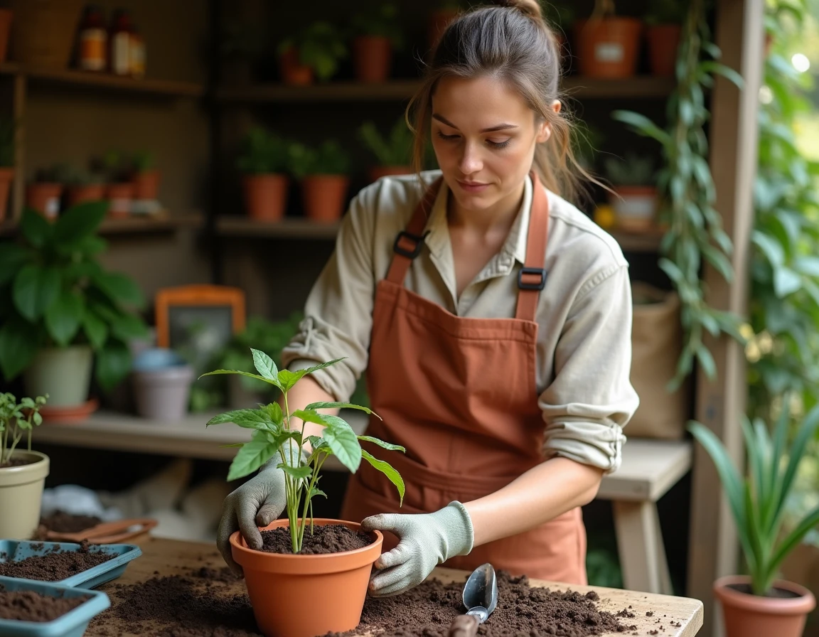 Femme jardinière en train de repiquer un semis d'aji amarillo dans un pot en céramique dans un atelier de jardinage