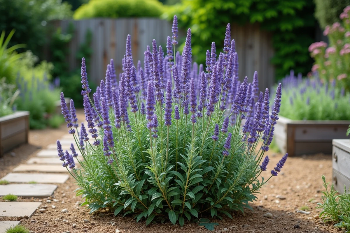 Sauge arbustive en pleine floraison violette après taillage dans un jardin de plantes aromatiques