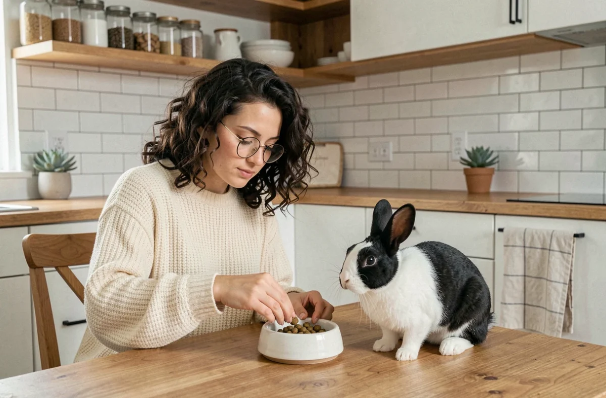 Jeune femme préparant la gamelle d'un lapin domestique dans une cuisine moderne, illustrant les soins quotidiens et la bienveillance envers son animal de compagnie