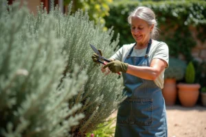Femme qui taille une sauge arbustive avec un sécateur dans un jardin méditerranéen