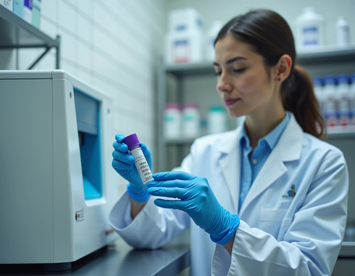 Technicienne de laboratoire manipulant un tube de sang pour analyse de l'hémogramme