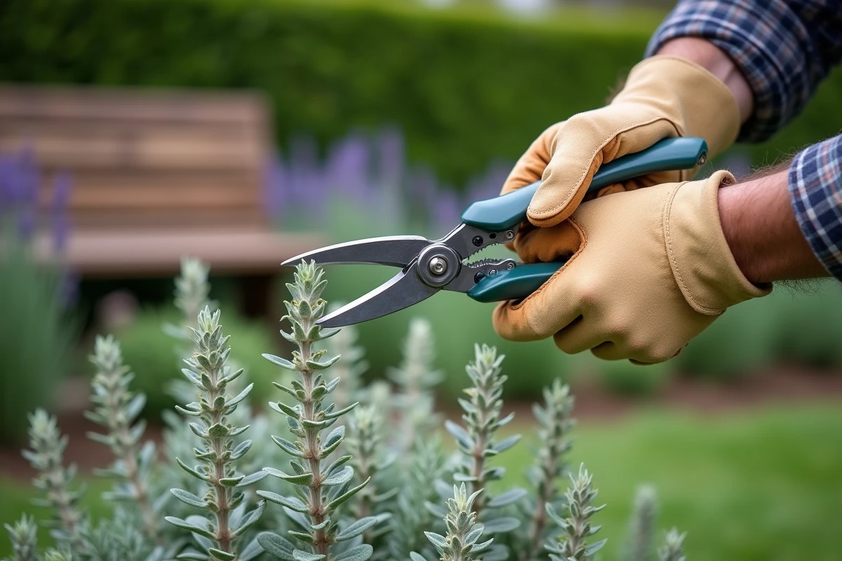 Gros plan sur la technique de coupe d'une sauge arbustive au sécateur au-dessus d'un nœud foliaire