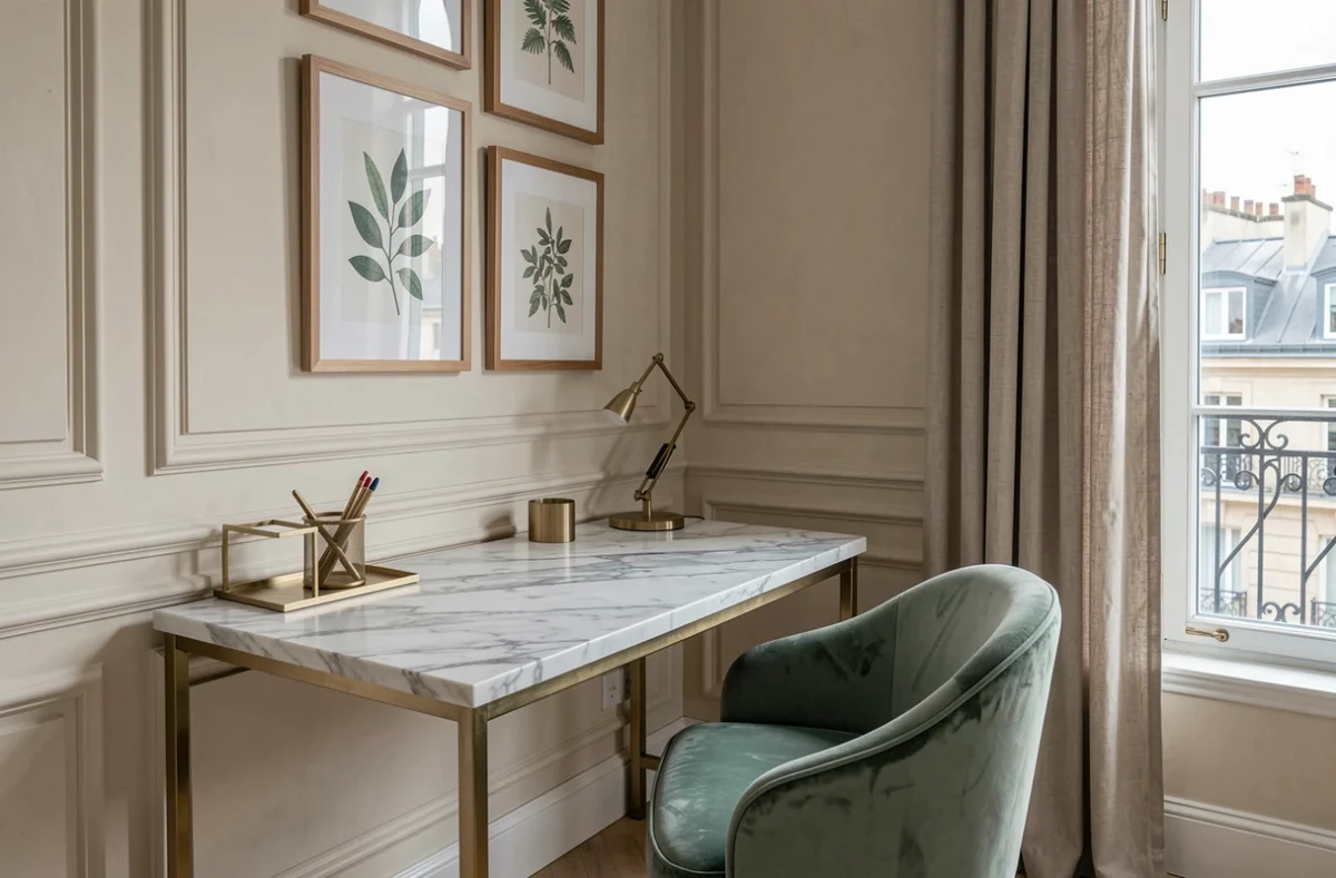 Coin bureau à domicile tendance avec chaise velours sauge, bureau en marbre et mur de cadres botaniques, décoration intérieure contemporaine