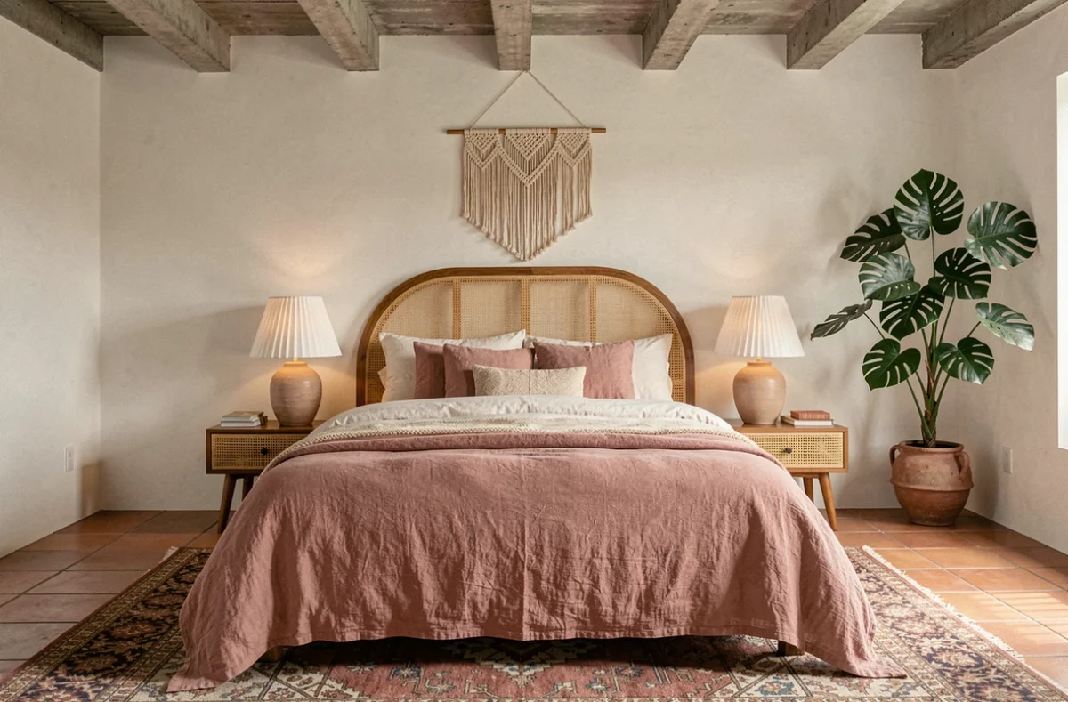 Chambre tendance avec tête de lit en rotin, linge de lit en lin rose poudré et plante monstera, décoration intérieure naturelle et contemporaine