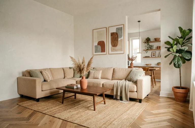 Salon moderne de style scandinave avec canapé en boucle, table basse en noyer et plantes naturelles, tendances déco intérieur actuelles
