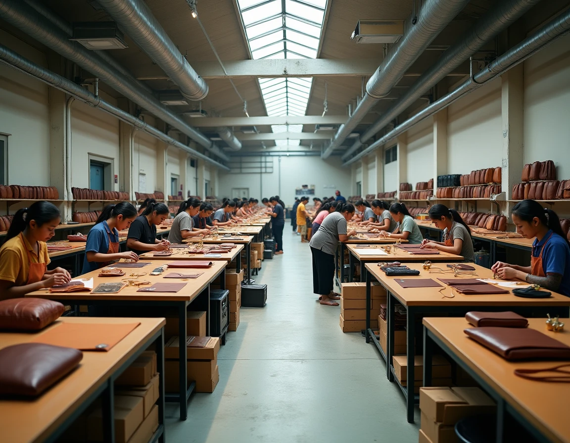 Vue d'ensemble d'une usine de production d'accessoires Michael Kors au Cambodge