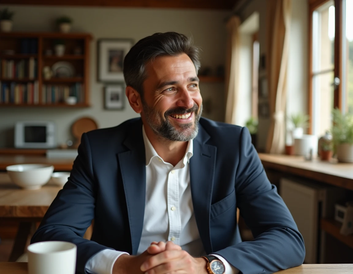 Journaliste français d'origine mixte souriant dans un intérieur familial chaleureux, illustrant la vie privée et le quotidien discret d'une personnalité médiatique